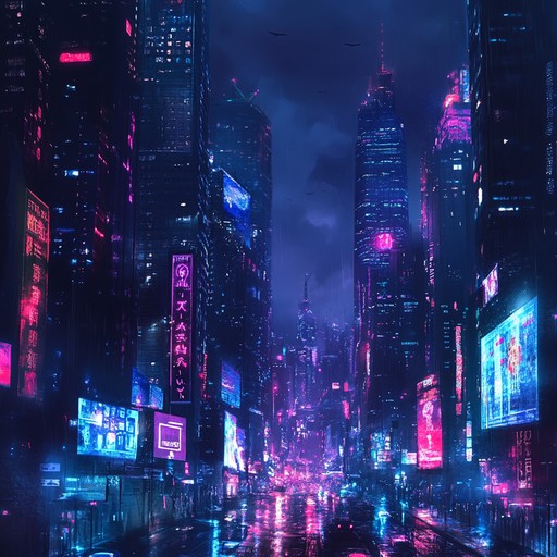 Immerse in a nocturnal landscape brimming with pulsing neon lights and electric visuals. An upbeat yet aggressive synth led journey, echoing through an urban cyberspace filled with mystery and excitement. Syncopated rhythms and driving basslines conjure a vivid atmosphere of digital allure.