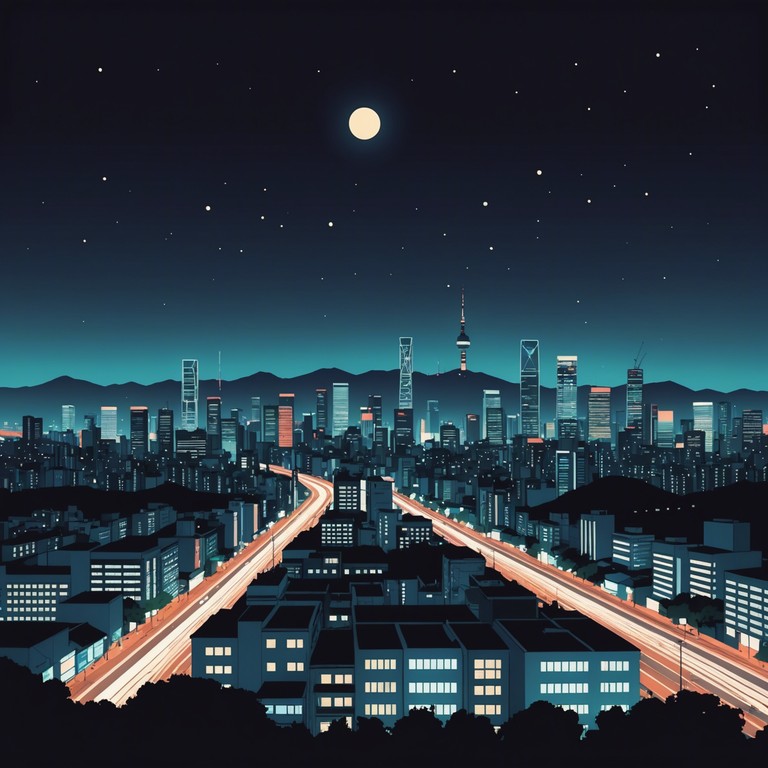 This track features a captivating blend of k pop elements infused with a mysterious, almost haunting vibe that explores the depth of nighttime in a bustling, illuminated seoul. Traditional instruments meet modern synth patterns to create a soundscape that feels both contemporary and timeless.