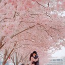 prelude to a romantic scene under cherry blossom trees