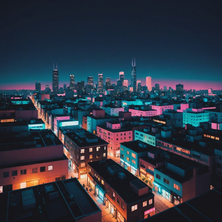 A serene backdrop of the city at night, where the calm pulse of dancepop and soft rhythms provide a tranquil escape into a world lit by the glow of neon lights.