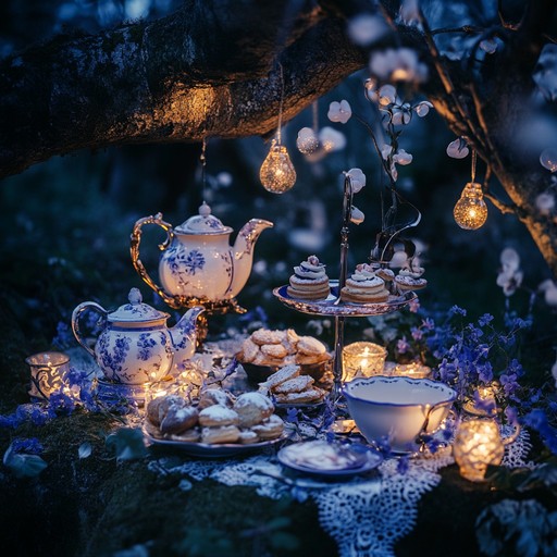 A whimsical and playful instrumental lounge piece evocative of a delightful tea party at twilight. The arrangement subtly blends jazzy piano with delicate bell like textures, producing a carefree and enchanting atmosphere. Gentle rhythms and soft bass lines support the main melody, creating a dreamy yet sophisticated vibe perfect for conversational spaces or reflecting serene moments.