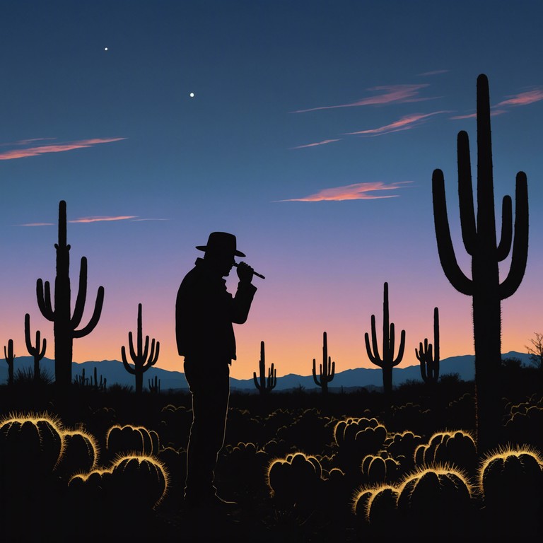 As night falls over the eerie expanse of the desert, a lone harmonica player sets the mood with melancholic tunes under a starlit sky. The music slowly builds, capturing the expansive, haunting beauty of the western landscape after dark.