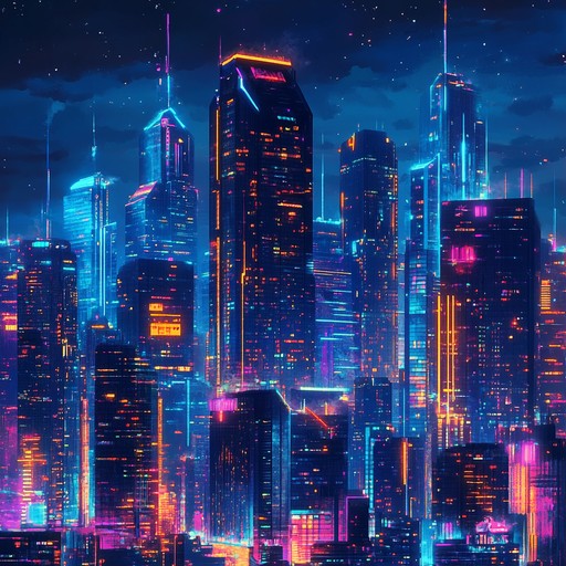 Immerse in a sonic journey of soaring synth melodies and driving rhythms that evoke the euphoria of a neon lit cyberpunk metropolis. Synthesizers craft an energetic soundscape capturing the essence of a futuristic city alive with light and motion.