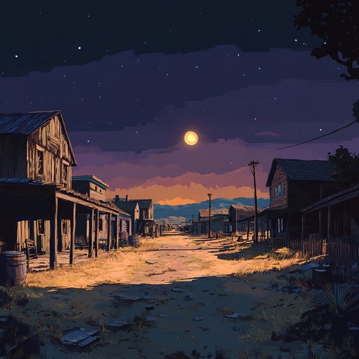 Dive into a mysterious, deserted frontier town at dusk with haunting melodies, echoing harmonicas, and desolate echoes that evoke the chilling quietness of the forgotten wild west.