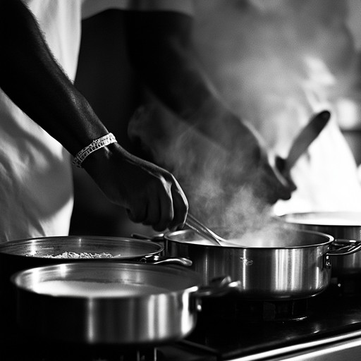 This music piece blends the rhythmic clanging of pots and the sizzle of spices with steelpan music to create an auditory representation of a cooking show, highlighting the process of creating a meal as an art form itself.