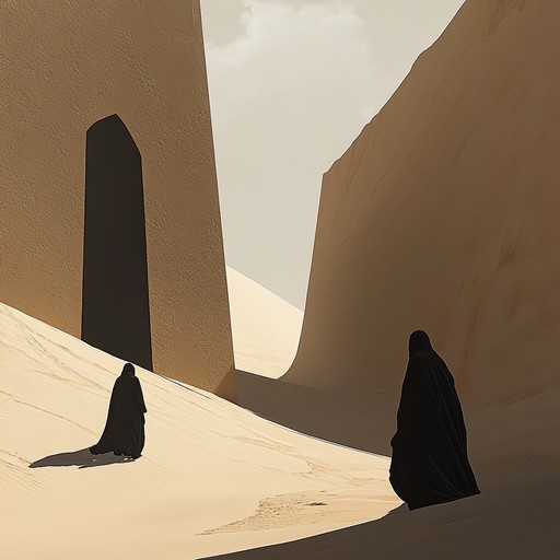 A chilling instrumental track with traditional middle eastern instrumentation that evokes images of a mystic desert landscape filled with shadows and secrets, creating a suspenseful mood.