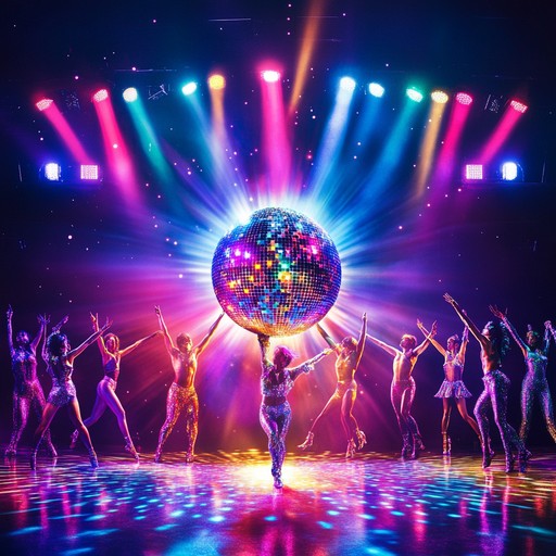 High energy glam song featuring driving rhythm guitar riffs, sparkling synth lines, and a dynamic beat that takes listeners on a thrilling retro journey. Think of flashy costumes, bright lights, and non stop dancing under a disco ball.