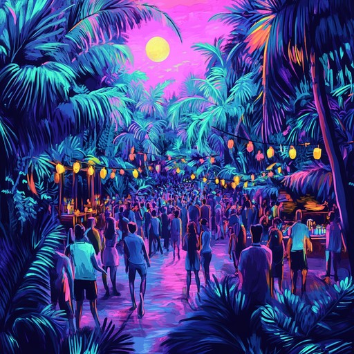 Imagine a bustling nightlife scene in a neon lit tropical jungle, full of energy and rhythm, perfect for party vibes.