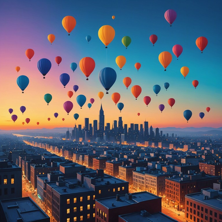 Imagine a surreal, upbeat journey through a bustling city at twilight. The music captures the essence of fun and mystery, driven by a steady beat and a playful electric guitar riff that weaves through the soundscape like the city lights reflecting in the night's sky. The track evokes a sense of adventure and delight as balloons drift overhead in a whimsical airborne parade.