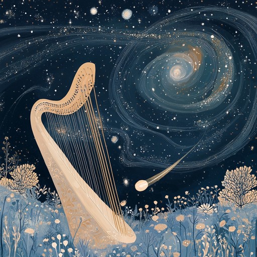 An enchanting instrumental harp waltz immersing listeners in a cosmic dance among stars and galaxies. Delicate tones weave a tapestry of sound echoing the mysteries of the night sky.