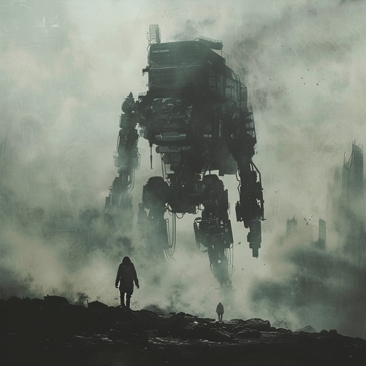 The track features driving industrial percussion, crafting an eerie, dark atmosphere. Ominous synths hum in the background as heavy beats stomp forward, painting a sinister picture of a dystopian march through shadows.