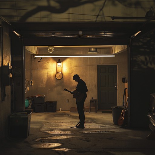 A sparse, haunting guitar melody reverberates in an empty garage, capturing the stillness and loneliness of a solitary night. The raw acoustic sound reflects introspective thoughts, echoed by the hollow space around.