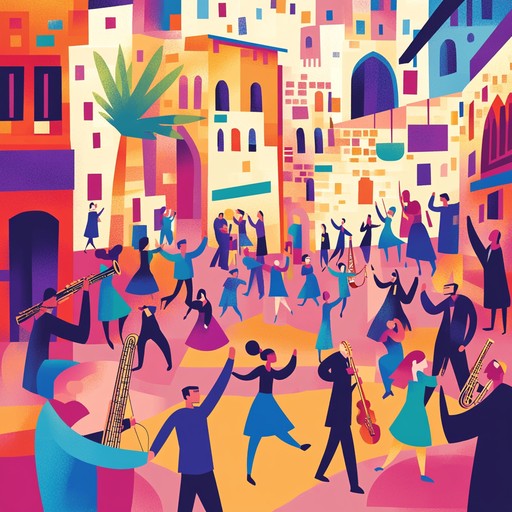 An instrumental jewish festive song capturing the vibrant energy of a street festival in jerusalem, blending traditional klezmer melodies with modern rhythms to create an uplifting and joyful atmosphere, inviting listeners to join the spirited dance.