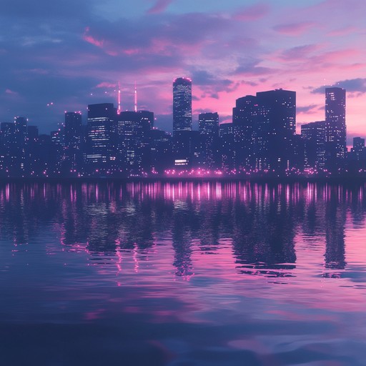 Imagine a futuristic city reflecting its neon glow on gentle river waters as dusk settles in, capturing a blend of tranquility and the bustling night life that is about to unfold. This scene is brought to life through musical synthesis, marrying organic and electronic elements seamlessly.