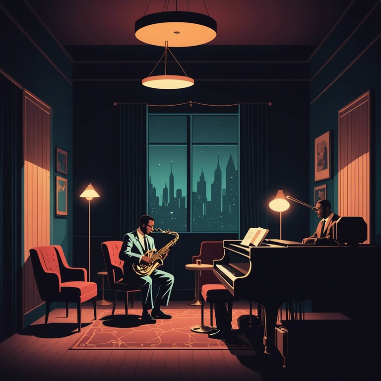 This track embodies a sultry night with velvet smooth jazz melodies and intimate tones. The soft saxophone cuts through the stillness, bustling with whispered secrets of a dusky downtown jazz club. Each note reverberates the essence of elegance, romance, and introspection, setting the perfect backdrop for a reflective, late night ambiance.