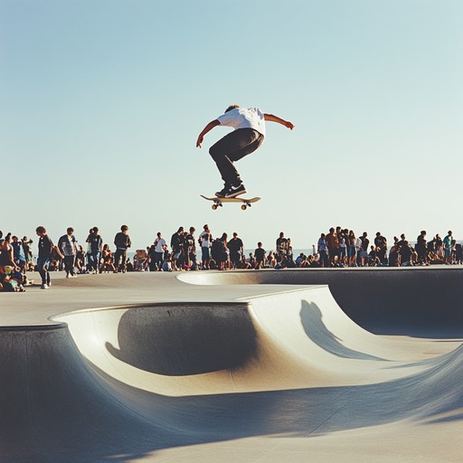 Imagine a bustling skate park, where rebellious teens are grooving to the rhythm of their tricks, embodied by aggressive guitar riffs, pounding drums, and yet retaining a carefree vibe. This intense yet joyful instrumental captures the freedom and adrenaline rush of skateboarding culture, merging the hardcore punk energy with an exhilaratingly raw but uplifting soundscape.