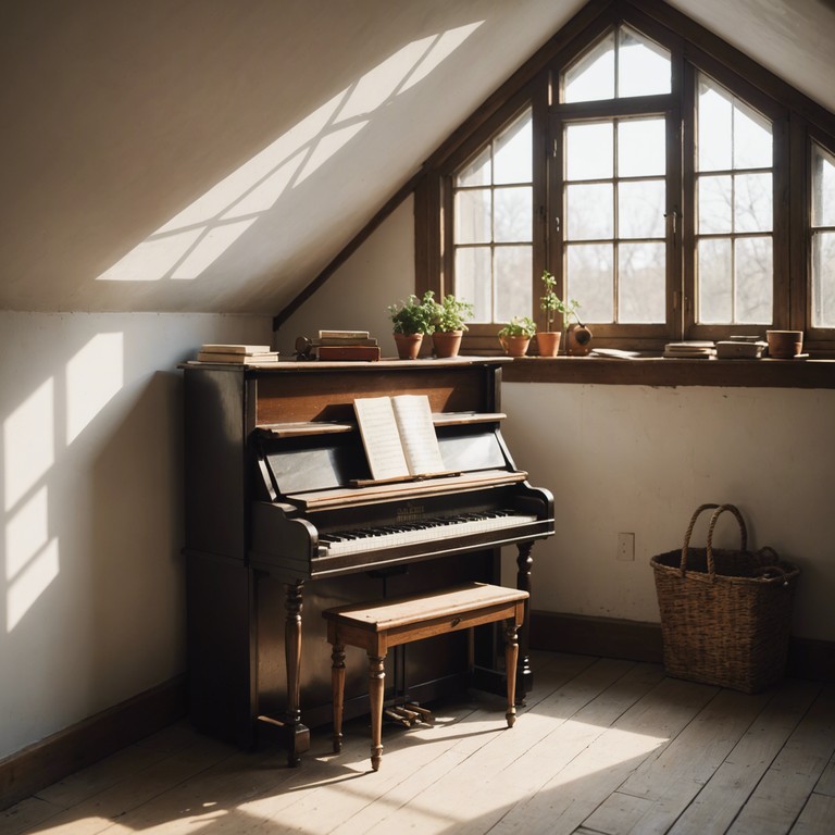 As the sun sets, casting long shadows through the cracked windows of an old attic, a forgotten toy piano comes to life, its soft melodies a tender and sorrowful tribute to a joyful past now faded. Its music gently fills the space, syncing perfectly with the slow dance of dust motes in the sunbeams.