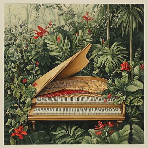 A delicate interlacing of harpsichord lines decorates vivid jungle visuals, merging the intricate majesty of the baroque era with enchanting, mysterious flair. Ornate and detailed, this composition evokes the grandiosity of sophisticated baroque within an exotic, wonder filled setting.