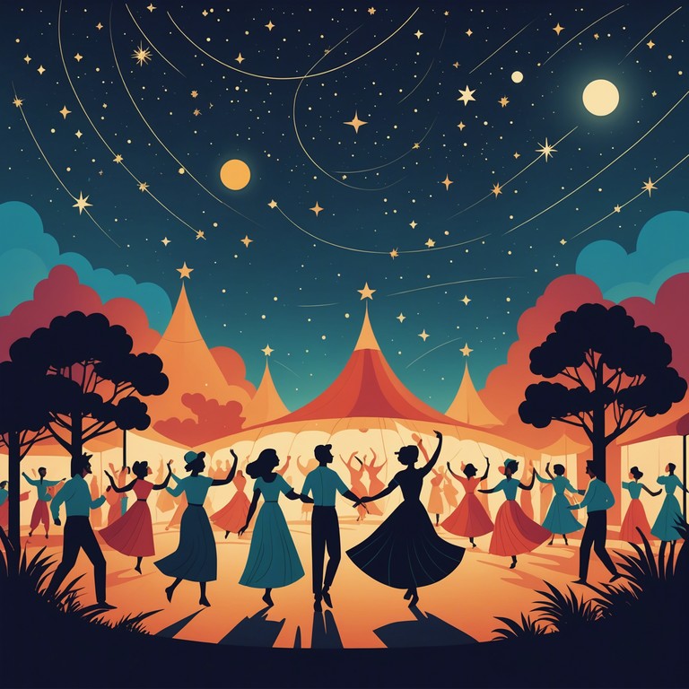 Envision a spirited night where vigorous cumbia music plays, echoing through a village adorned with lanterns and bunting, as people dance with joy and abandon under the twinkling stars.