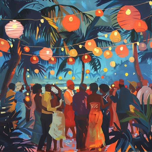 A dynamic and festive mambo composition highlighting lively trumpet melodies and driving rhythms that bring a celebratory vibe. The music paints a picture of dancing under the tropical night sky with a vibrant and joyous atmosphere.