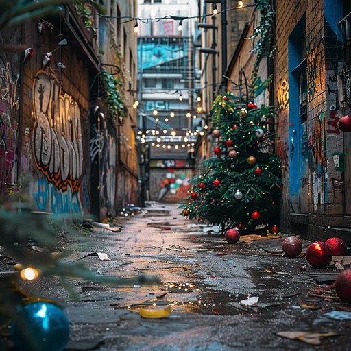 Dark industrial elements fused with festive sounds, redefining christmas music with an edgy and raw twist. This composition captures the essence of a gritty urban holiday, clashing light and dark.