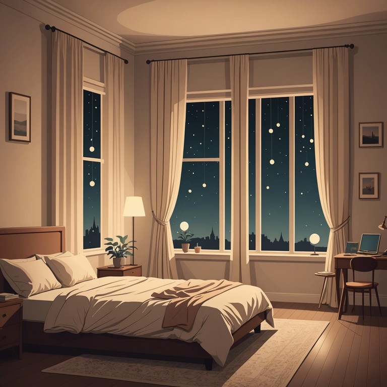 Imagine a softly lit bedroom at night, with the gentle, intimate sounds of a piano subtly filling the space. The music is tender and quiet, reflective of the serenity and peace of the late hours. It's a personal lullaby meant to soothe the soul and enhance the warmth of a small, safe space.