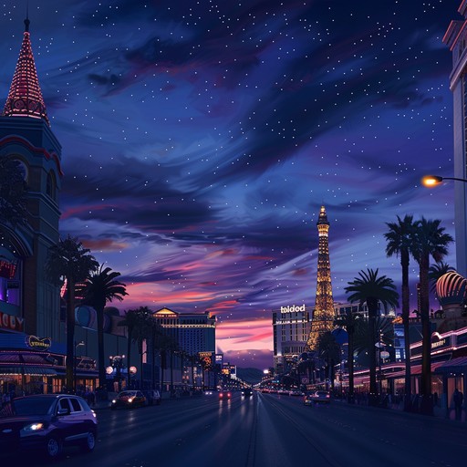 This track captures the allure and vibrant energy of a las vegas night, mixing traditional lounge elements with modern dance rhythms to create a soundscape that both captivates and excites. From the sound of dice rolling on the casino tables to the cheers of a crowd, the music dips and peaks in perfect harmony with the city's pulsing heartbeat.