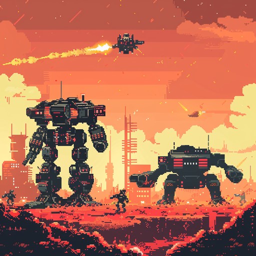 Dive into a chaotic world where angry robots engage in furious battles against a backdrop of frenetic and whimsical video game inspired music, blending 8 bit chiptune with aggressive electronic beats, creating an intense eruption of sound that is both hilarious and jarring.