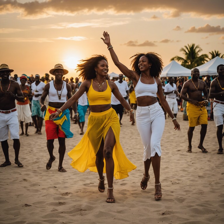 Imagine the warmth of the early morning sun gently rising over a lively caribbean festival. The steel drums play an empowering melody as dancers move joyfully. It's a musical tribute to the resilience and dynamic spirit of the islands, inviting everyone to rise energetically with the dawn.