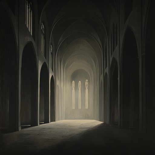 Dark and brooding tones fill abandoned cathedral, evoking ghostly presence