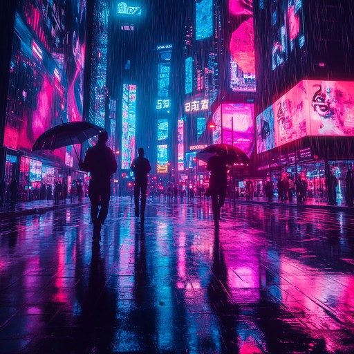 A tranquil journey through a futuristic cityscape, where soft electronic melodies blend with the sound of rain and distant echoes, creating an atmosphere of peaceful reflection in a neon lit world.