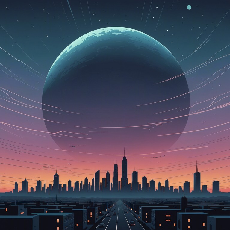 As midnight strikes in a neon lit city under rain, subtle synth melodies echo the complex emotions of its denizens against a backdrop of towering digital billboards and relentless drizzle. The composition utilises futuristic synth lines to paint a vivid auditory picture of an urban dystopia enveloped in mystery and an overarching sense of desolation.