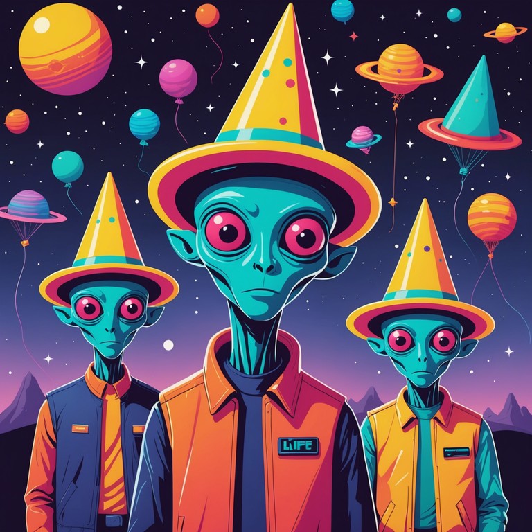 An interstellar journey of sound where martian landscapes meet earthly party vibes, incorporating unexpected instruments and beats to create a festive yet alien atmosphere.