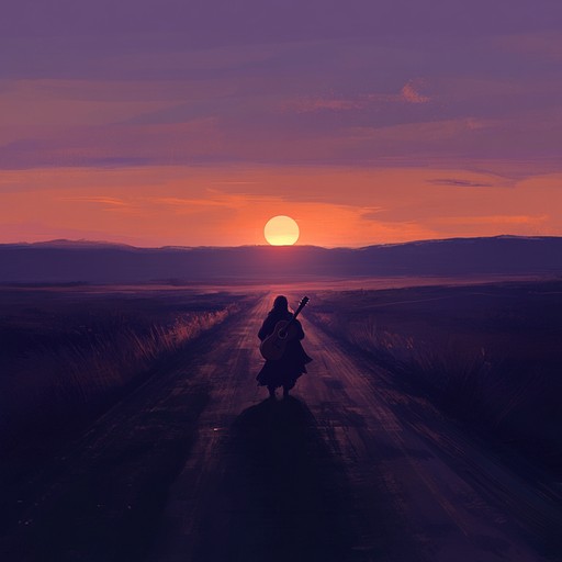 Picture a lone wanderer traversing an endless, dusty road at twilight. The twilight sky is painted in hues of orange and purple as the shadows grow longer. The air is heavy with nostalgia, and each step resonates the weight of memories. This instrumental piece evokes the essence of classic americana, layered with brooding undertones, leading listeners into a realm of introspection and solitude. The twang of the guitar strings harmonizes with subtle background acoustics to craft a solemn narrative reminiscent of bygone eras.