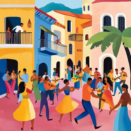 A thrilling salsa composition characterized by unpredictable rhythm shifts, dynamic trumpet solos, and percussion heavy sections, capturing the essence of a spirited street salsa jam bursting with energy and surprise.