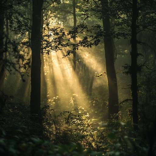 Visualize a peaceful morning in a mystical forest with rays of sunlight filtering through the trees, birds beginning to chirp as soft winds rustle the leaves. The rich harmonics from a harp create an enchanting and uplifting atmosphere, inspiring serenity