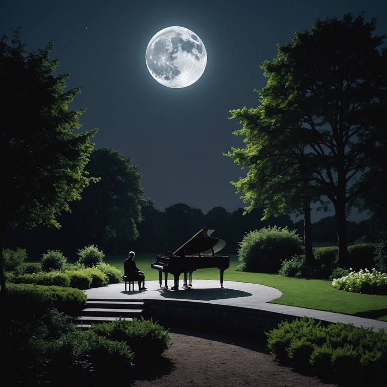 This composition captures the essence of a somber yet sophisticated waltz performed under the silver glow of a full moon. It combines the deep melancholy of nostalgic reminiscence with a touch of elegance, using a minimalist approach to create a moving and impactful musical experience.