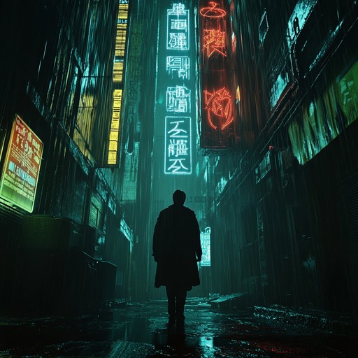 Haunting synths create a bittersweet soundtrack to a cyberpunk cityscape. The echoes of lost dreams reverberate through the neon lit towers, casting a melancholic glow on the city's underbelly. Embrace the desolate yet beautiful atmosphere as the melodies capture the essence of a future tinged with sorrow and hope.