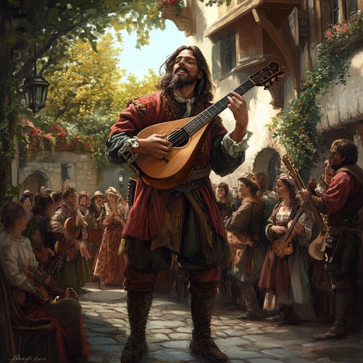 Feel the energetic pulse of a medieval city as a troubadour plays an invigorating melody on his lute, enlivening the marketplace and filling the air with a sense of adventure and joy.