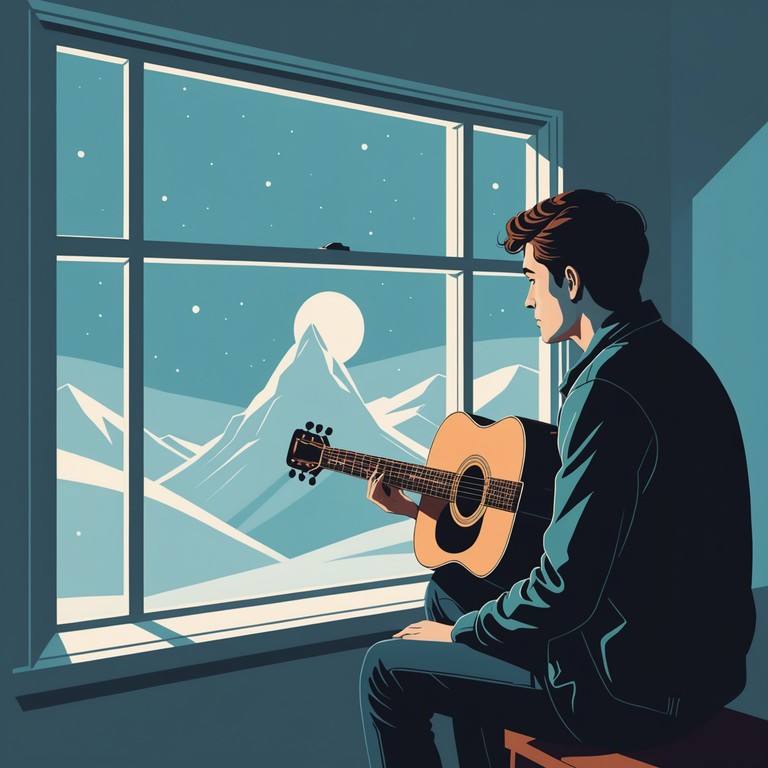 Imagine a musical piece capturing the essence of a quiet winter's night, where snow muffles the world's noise, leaving space for deep reflection. The soft hum of an electric guitar intertwines with subtle echoes and reverbs creating a cocoon of sound perfect for soul searching.