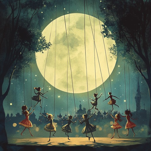 An instrumental piece combining lively piano melodies with haunting accordion and violin harmonies, evoking the atmosphere of a surreal, nocturnal carnival where shadows play and marionettes dance under the moonlight