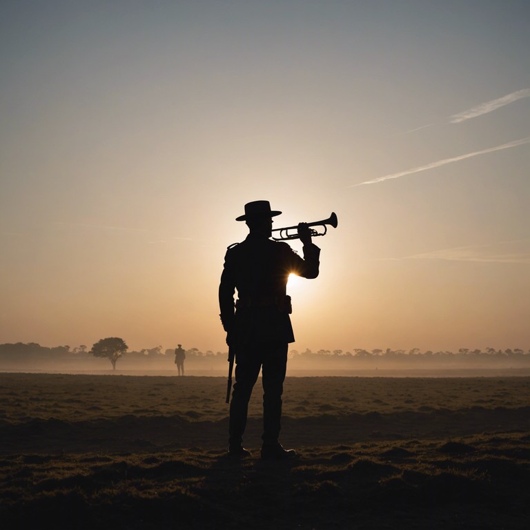 Imagining a lone bugler standing against a dawn lit horizon, performing a piece that captures the essence of courage and reminiscence of fallen heroes. A solemn, powerful bugle call weaves through scenes of quiet introspection and bursts of heroic pride, encapsulating the spirit of a warrior reflective yet unwavering in duty.