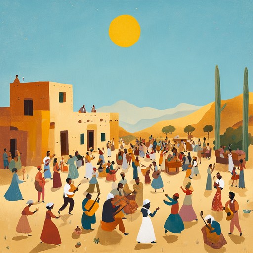 An exhilarating blend of middle eastern and north african rhythms, capturing the vibrancy and excitement of a bustling desert caravan. The oud drives lively melodies as traditional percussion like darbuka and riq create irresistibly danceable beats that transport listeners to a festive, sun drenched bazaar.