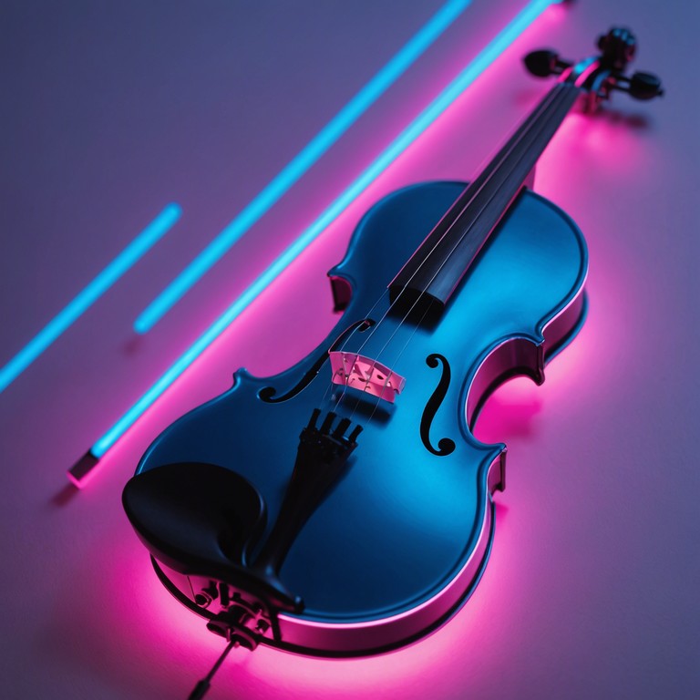 A deeper exploration into the mystique of a neon lit futuristic city, where haunting sounds of an electric violin echo against the backdrop of towering skyscrapers and reflective streets, enveloping the listener in a completely immersive auditory experience.