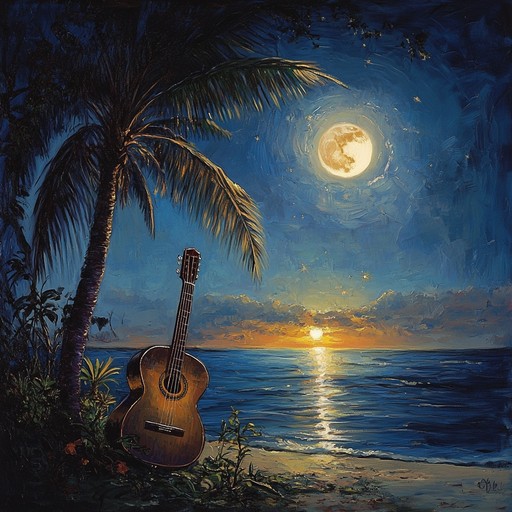 A tranquil instrumental reggaeton track featuring gentle classical guitar and soft percussion, evoking the peaceful ambiance of moonlit tropical shores. The melodies flow like waves under a starlit sky, perfect for relaxation and unwinding.