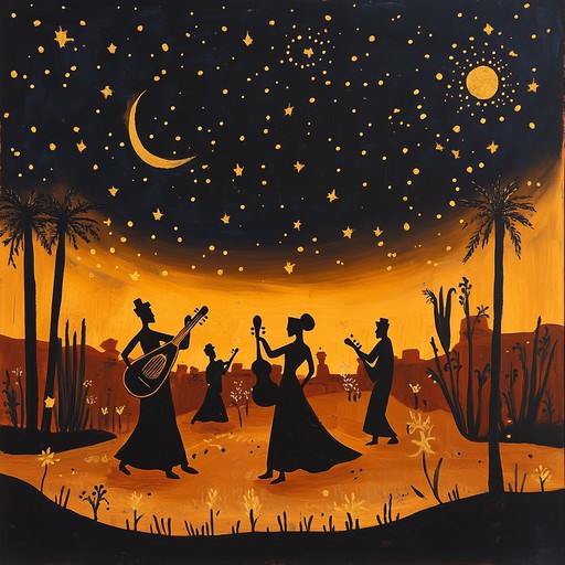 A lively and energetic instrumental track combining traditional middle eastern melodies with modern dance beats, invoking the atmosphere of a festive desert celebration under the stars.