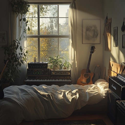 Imagine a cozy bedroom where ethereal synths create a lush blanket of sound. The melody floats effortlessly through space, adorned with reverb drenched guitar and subtle electronic percussion. It's a track that evokes a sense of tranquil introspection and surreal dreams, making listeners feel like they are drifting through a cloud of thoughts and emotions.