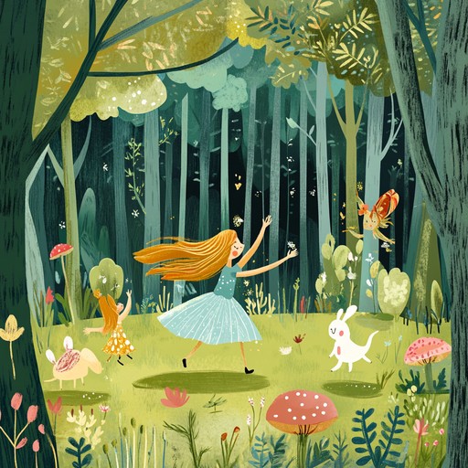 Picture a whimsical dance of forest creatures under dappled sunlight, their movements synchronized to a delightful ambient melody. The music emanates a playful and serene aura, crafted with gentle, tinkling notes and soft, airy sounds. Each note feels like a breath of fresh air, creating an enchanting atmosphere where one could almost see the creatures jump, twirl, and prance with joy.