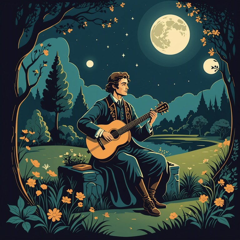 A piece that transports listeners to a moonlit ancient courtyard, where a troubadour strums his lute, weaving stories of eternal love and chivalric adventures. The music combines subtle vocal chants and gentle plucking, creating a backdrop for legendary romantic tales.