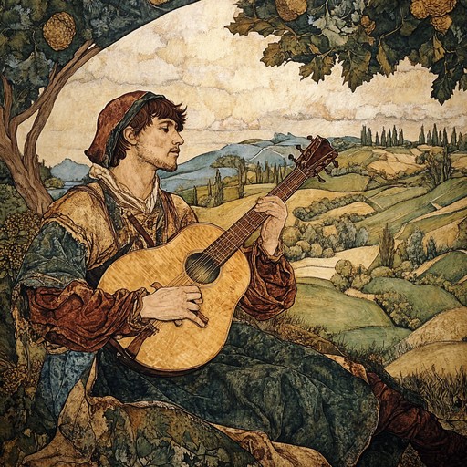 Journey through an ancient land, the troubadour's lute resonating with the heartfelt melodies of a soul in search of love and purpose, painting a soundscape of medieval courtrooms and rustic taverns, steeped in nostalgia and wistful longing